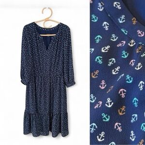 Talbots Navy Blue Multi Color Anchor Print Split Neck Pullover MIDI Dress 10